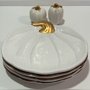 NEW White & Gold Pumpkin Plate Set w/ Salt & Pepper Shakers
